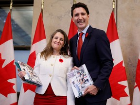 Canada's Minister of Finance Chrystia Freeland and Prime Minister Justin Trudeau stop for a photo before delivering the fall economic statement in Ottawa on Nov. 3, 2022.