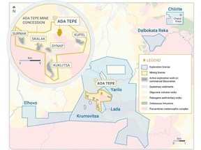 Overview map of the Ada Tepe mine concession and regional exploration licences.