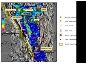 RLX property showing new gold and historical (Dome Exploration, 1980) intercepts, completed Solstice drill holes and Phase 2 target areas. Base map is 220-240m (below surface) resistivity slice from 3D EM inversion modeling (Emergo SCI). 9* denotes hole lost due to technical reasons.