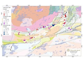 Gold data located in or nearby the Trillium Confederation Belt properties. Coloured data points are to compare source data: Blue represents information when Trillium acquired the project, Purple data points compiled by Trillium from assessment reports and drill logs, Red from Trillium acquired field data, including new sampling of historical core.
