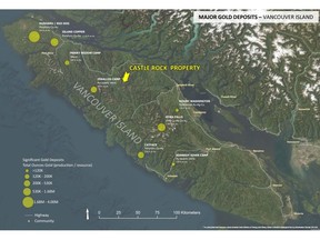Location of the Castle Rock property on Vancouver Island (Gold production and resource values obtained from Ministry of Energy and Mines, BCGS Information Circular 2014-04).