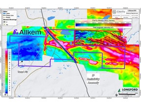Preliminary airborne mag results over the Lithium381 property shown with a broader 2008 survey and a regional government survey
