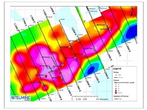 Location of 2022 Stelmine drillholes and IP/Resistivity Survey at 75m depth.