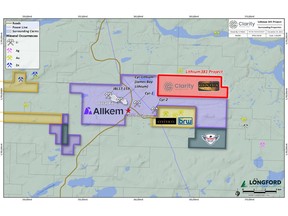 Location of Lithium 381 Project showing nearby properties and total pit outline on Allkem's James Bay Lithium Project from the Allkem Feasibility Study.
