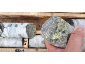 Core from hole 18-G-01 drilled by GreenOre Gold Plc grading 1 g/t Au, 0.9% Cu and 0.6% Zn over 17 metres (19 to 36 metres downhole) including 8 metres at 1.8g/t Au, 1.4% Cu and 0.7% Zn (22 to 30 metres downhole). Photo and data obtained from GreenOre.
