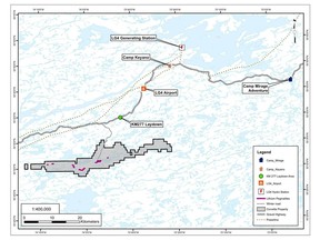 Proximal infrastructure at the Corvette Property, including the recently constructed winter road extending from the all-season Trans-Taiga Road to the drill area at CV5
