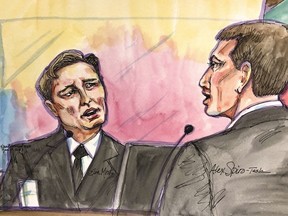 In this courtroom sketch, Elon Musk, left, with his lawyer Alex Spiro, testifies in federal court in San Francisco, Tuesday, Jan. 24, 2023. Musk returned to the stand for a third day Tuesday in a class-action lawsuit brought by Tesla investors who allege he misled them with a tweet about a deal that never happened, testifying that his intent had been to let his shareholders know he was considering a buyout.