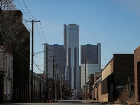 General Motors' headquarters in Detroit, Mich. The company has coined its return-to-office plan: "Work Appropriately."