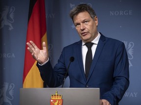 German Vice Chancellor and Economy and Climate Minister Robert Habeck speaks during a joint news conference with Norwegian Prime Minister Jonas Gahr Store in Oslo, Norway, Thursday Jan. 5, 2023.