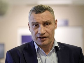 Kyiv Mayor Vitali Klitschko talks during an interview with the Associated Press at the World Economic Forum in Davos, Switzerland, on Wednesday, Jan. 18, 2023. The annual meeting of the World Economic Forum is taking place in Davos from Jan. 16 until Jan. 20, 2023.