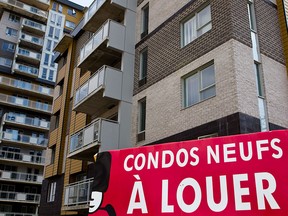 A sign advertises condos for rent in Laval, Quebec. The province has among the cheapest cities for renters in Canada.