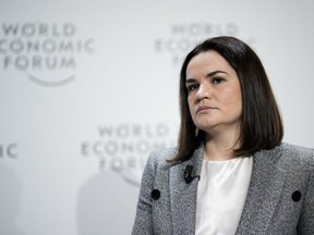 Belarus opposition leader Sviatlana Tsikhanouskaya attends a session at the World Economic Forum in Davos, Switzerland Tuesday, Jan. 17, 2023. The annual meeting of the World Economic Forum is taking place in Davos from Jan. 16 until Jan. 20, 2023.