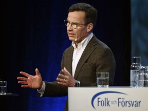Swedish Prime Minister Ulf Kristersson speaks during the annual Society and Defence Conference in Salen, Sweden, Sunday, Jan. 8, 2023.
