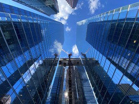 A construction crane above Brookfield's Bay Adelaide North, the third office tower constructed at their Bay Adelaide Centre complex property in Toronto.