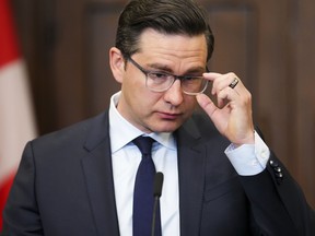 Conservative leader Pierre Poilievre holds a press conference on Parliament Hill in Ottawa.