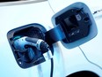 A charging port on an electric vehicle at the Canadian International AutoShow in Toronto.