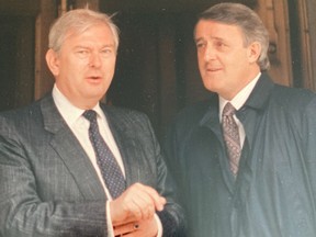 George Schwab, pioneering hotelier and chief lieutenant of Four Seasons founder, Isadore Sharp, with prime minister Brian Mulroney at The Pierre Hotel in New York.