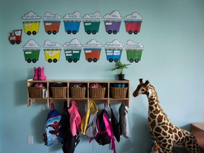 Children's backpacks and shoes at a daycare in Langley, B.C.
