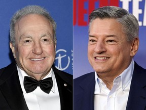 This combination of photos shows "Saturday Night Live" producer Lorne Michaels at The Museum Gala in New York on Dec. 1, 2022, left, and Netflix co-CEO and Chief Content Officer Ted Sarandos at a special screening of the Netflix documentary film "The Redeem Team," in Los Angeles on Sept. 22, 2022. PEN, the literary and free expression organization, is giving Michaels its PEN/Audible Literary Service Award. Sarandos will receive the Business Visionary Award. (AP Photo)
