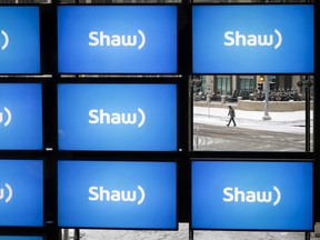 Shaw logos on display at the company's annual meeting in Calgary, in 2019.