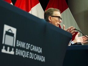 Tiff Macklem, Governor of the Bank of Canada, holds a press conference at the Bank of Canada in Ottawa on Wednesday, Jan. 25, 2023. The Bank of Canada is taking a pause from raising interest rates to assess how the economy responds to higher borrowing costs, with one key indicator to watch being the labour market.