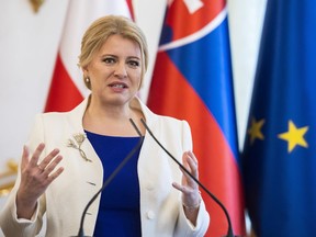 Slovak President Zuzana Caputova speaks during a press conference with her Austrian counterpart Alexander Van der Bellen in Bratislava, Slovakia, Tuesday, Jan. 31, 2023. Slovakia's lawmakers voted Tuesday to set a date for an early parliamentary election for September 30.