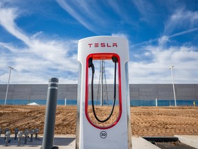 An electric vehicle charging station at Tesla's headquarters in Texas.