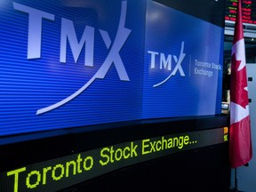 TMX Group Inc. signage is displayed on a screen in the broadcast centre of the Toronto Stock Exchange.
