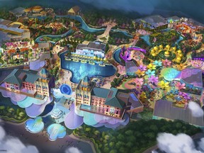 This artist rendering released on Wednesday, Jan. 11, 2023, by Universal Parks & Resorts, shows a mock-up of the planned theme park in the Dallas suburb of Frisco, Texas. (Universal Parks & Resorts via AP)