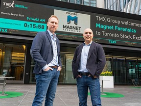Magnet Forensics Inc founders Adam Belsher and Jad Saliba outside the Toronto Stock Exchange on May 3, 2021 for the company's IPO.