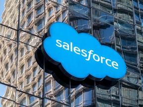The Salesforce.com Inc. Tower is reflected in a Saleforce.com Inc. office building in San Francisco, California.