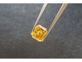 0.21 carat fancy colour rectangular radiant-cut diamond. The original rough carat weight was 0.55 carats and the diamond was recovered from the 2021 bulk sample of the Q1-4 kimberlite at the Naujaat Project, Nunavut.