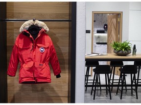 A parka hangs on display at the new Canada Goose Holdings Inc. store in Montreal, Quebec, Canada, on Thursday, Nov. 15, 2018. Canada Goose is adding frigid rooms to some of its stores where shoppers can test the luxury coats in temperatures as low as -25 degrees Celsius (-13 Fahrenheit).