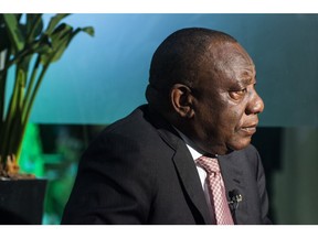 Cyril Ramaphosa, South Africa's president, pauses during a Bloomberg Television interview during the South African Investment Conference in Johannesburg on Wednesday, Nov. 6, 2019. Ramaphosa said his administration is on track to lure $100 billion in new investment within five years, with more than $16 billion already committed and many more projects in the pipeline.
