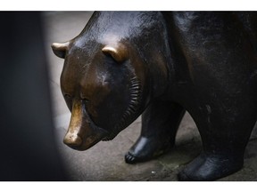 A bear statue stands outside the Frankfurt Stock Exchange, operated by Deutsche Boerse AG, in Frankfurt, Germany, on Tuesday, April 28, 2020. The European Central Banks response to the coronavirus has calmed markets while setting it on a path that could test its commitment to the mission to keep prices stable. Photographer: Bloomberg/Bloomberg