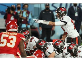 Tom Brady of the Tampa Bay Buccaneers signals before a play against the Kansas City Chiefs in Super Bowl LV on Feb. 7, 2021.