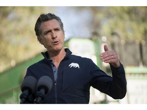 California Governor Gavin Newsom speaks to highlight investments made by the Bipartisan Infrastructure Law in wildfire preparedness and resilience in San Bernardino, California, U.S., on Friday, Jan. 21, 2022. The U.S. Forest Service this week said it will target millions of acres of grasslands and forests for prescribed burns and thinning to fight escalating wildfire risk across the United States.
