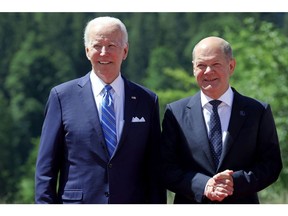 Joe Biden and Olaf Scholz at the G-7 leaders summit in Elmau, Germany, on June 26, 2022. Photographer: Liesa Johannssen-Koppitz/Bloomberg
