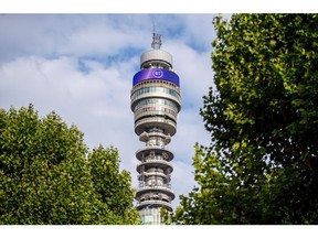 The BT Tower as British Telecom workers take part in industrial action by striking in London, UK, on Friday, July 29, 2022.