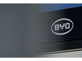BYD signage on the side of a BYD Cube Pro lithium-ion energy storage battery at the Crimson Battery Energy Storage Project in Blythe, California, US, on Tuesday, Oct. 18, 2022. Axium Infrastructure and Canadian Solar's subsidiaries of Recurrent Energy and CSI Energy Storage announced the two have installed and activated what they are calling the world's largest single-phase energy storage facility. Photographer: Bing Guan/Bloomberg