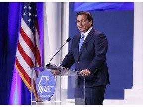 Ron DeSantis, governor of Florida, speaks during the Republican Jewish Coalition (RJC) Annual Leadership Meeting in Las Vegas, Nevada, US, on Saturday, Nov. 19, 2022. Democrats defied political forecasts and historical trends to keep control of the Senate in a win for President Joe Biden, as voters rejected a handful of candidates backed by former President Donald Trump.