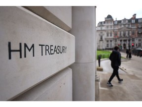 The headquarters of HM Treasury in the Westminster district of London, UK, on Tuesday, Jan. 24, 2023. The UK tax system allows people to use their pension pots to avoid inheritance tax and should be changed to allow the government to collect more tax, a think tank has said. Photographer: Hollie Adams/Bloomberg
