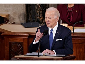 US President Joe Biden speaks during a State of the Union address at the US Capitol in Washington, DC, US, on Tuesday, Feb. 7, 2023. Biden is speaking against the backdrop of renewed tensions with China and a brewing showdown with House Republicans over raising the federal debt ceiling.