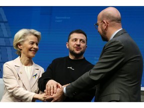 Ursula von der Leyen, president of the European Commission, left, Volodymyr Zelenskiy, Ukraine's president, center, and Charles Michel, president of the European Council.