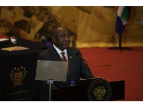 Cyril Ramaphosa delivers his annual address during the state of the nation ceremony at City Hall in Cape Town, on Feb. 9.