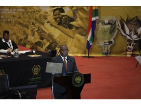 Cyril Ramaphosa, South Africa's president, delivers his annual address during the state of the nation ceremony at City Hall in Cape Town, South Africa, on Thursday, Feb. 9, 2023. With next year's elections gearing up to be the most hotly contested since apartheid ended in 1994, Ramaphosa needs to provide solutions to the country's myriad problems to bolster his chances of winning another term. Photographer: Dwayne Senior/Bloomberg