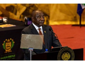 Cyril Ramaphosa, South Africa's president, delivers his annual address during the state of the nation ceremony at City Hall in Cape Town, South Africa, on Thursday, Feb. 9, 2023. With next year's elections gearing up to be the most hotly contested since apartheid ended in 1994, Ramaphosa needs to provide solutions to the country's myriad problems to bolster his chances of winning another term.