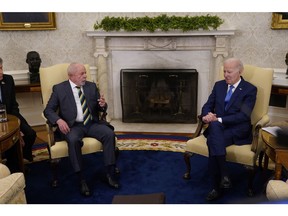 US President Joe Biden, right, meets Luiz Inacio Lula da Silva, Brazil's president, in the Oval Office of the White House on Feb. 10.
