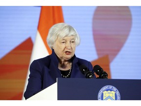 Janet Yellen, US Treasury secretary, speaks during a news conference at the Group of 20 (G-20) finance ministers and central bank governors meeting in Bengaluru, India, on Thursday, Feb. 23, 2023. The global economy is in a better place today than many predicted months ago, Yellen said today, while reiterating her calls for support to Ukraine on the eve of the one-year anniversary of Russia's invasion.