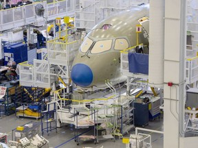 The Airbus A220 assembly line is seen at the company's facility Monday, Jan. 14, 2019 in Mirabel, Que.